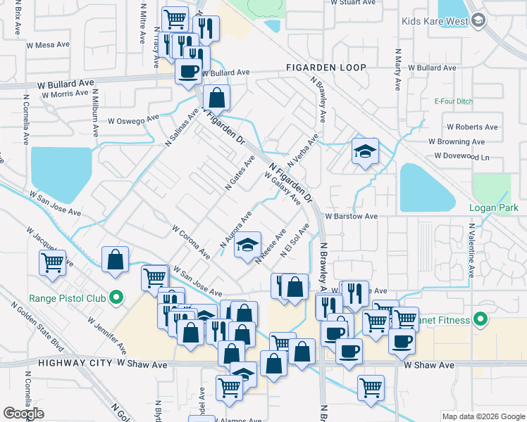 map of restaurants, bars, coffee shops, grocery stores, and more near 4165 West Regency Avenue in Fresno