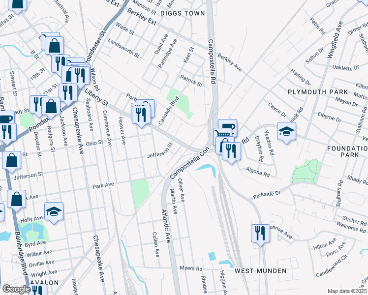 map of restaurants, bars, coffee shops, grocery stores, and more near 2204 Liberty Street in Chesapeake