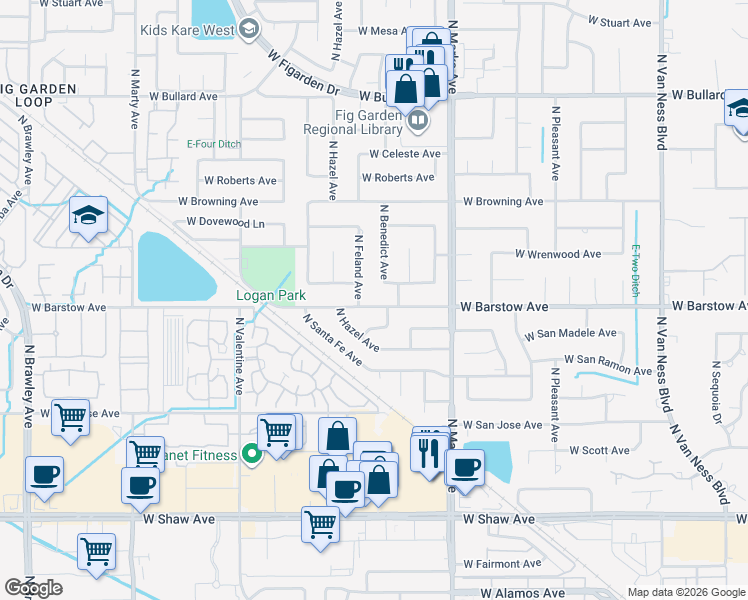 map of restaurants, bars, coffee shops, grocery stores, and more near 3115 West Robinwood Lane in Fresno