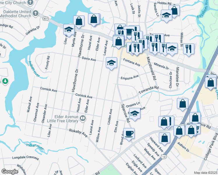 map of restaurants, bars, coffee shops, grocery stores, and more near 1306 Willow Avenue in Chesapeake