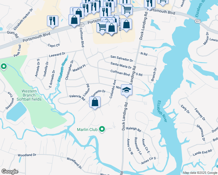 map of restaurants, bars, coffee shops, grocery stores, and more near 4105 Nina Drive in Chesapeake