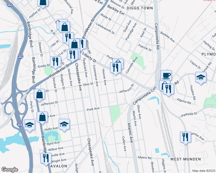 map of restaurants, bars, coffee shops, grocery stores, and more near 1215 Hoover Avenue in Chesapeake