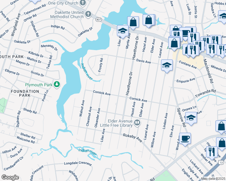 map of restaurants, bars, coffee shops, grocery stores, and more near 1324 Lilac Avenue in Chesapeake