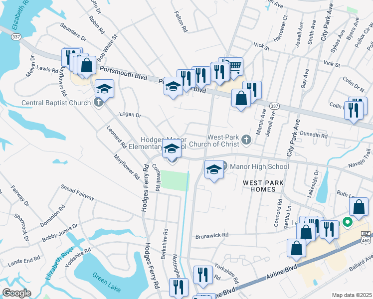 map of restaurants, bars, coffee shops, grocery stores, and more near 309 Sequoia Road in Portsmouth
