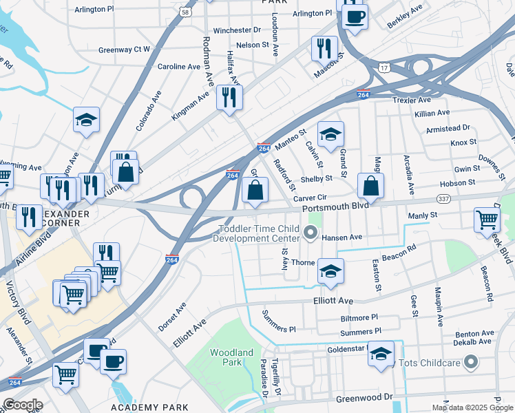 map of restaurants, bars, coffee shops, grocery stores, and more near 91 Carver Circle in Portsmouth