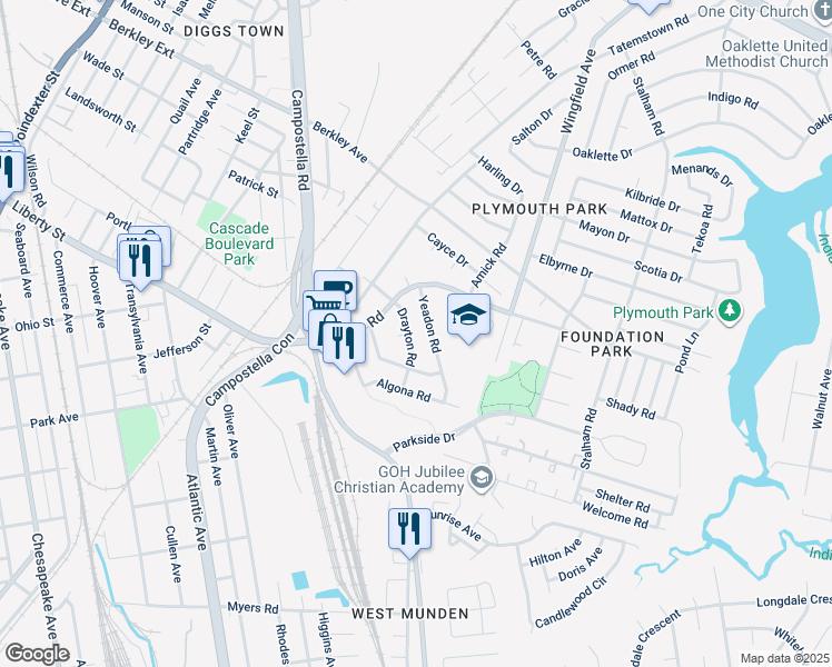 map of restaurants, bars, coffee shops, grocery stores, and more near 1215 Yeadon Road in Chesapeake