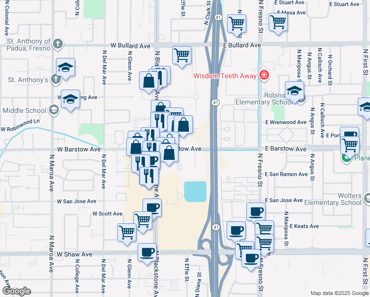 map of restaurants, bars, coffee shops, grocery stores, and more near 140 East Barstow Avenue in Fresno