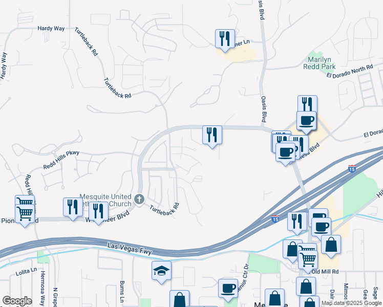 map of restaurants, bars, coffee shops, grocery stores, and more near 339 Colleen Court in Mesquite