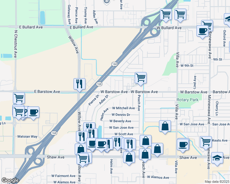 map of restaurants, bars, coffee shops, grocery stores, and more near West Barstow Avenue & Helm Avenue in Clovis