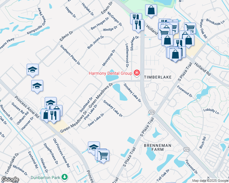 map of restaurants, bars, coffee shops, grocery stores, and more near 604 Pine Lake Drive in Virginia Beach