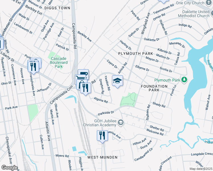 map of restaurants, bars, coffee shops, grocery stores, and more near 1300 Yeadon Road in Chesapeake