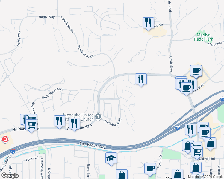 map of restaurants, bars, coffee shops, grocery stores, and more near 529 Canyon Way in Mesquite