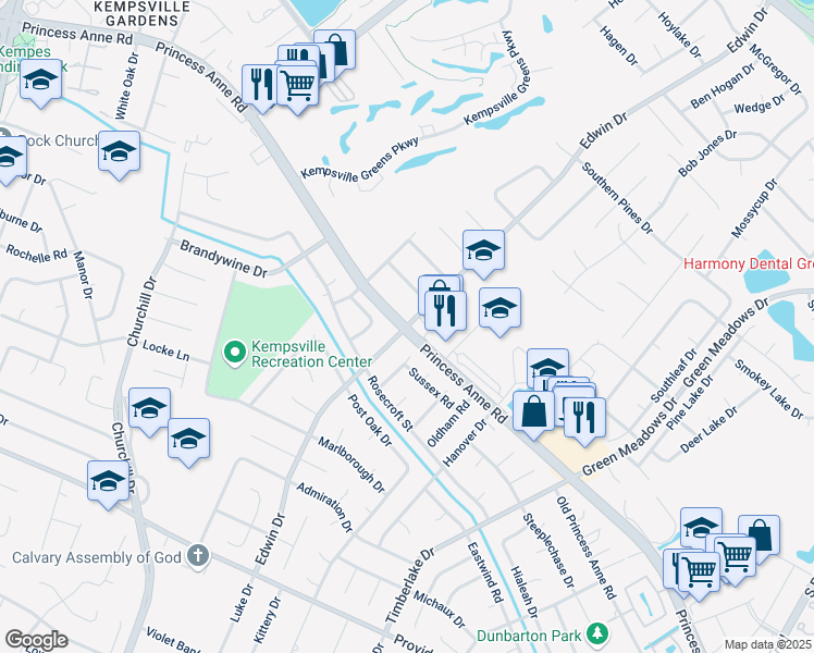 map of restaurants, bars, coffee shops, grocery stores, and more near Princess Anne Rd & Edwin Dr in Virginia Beach
