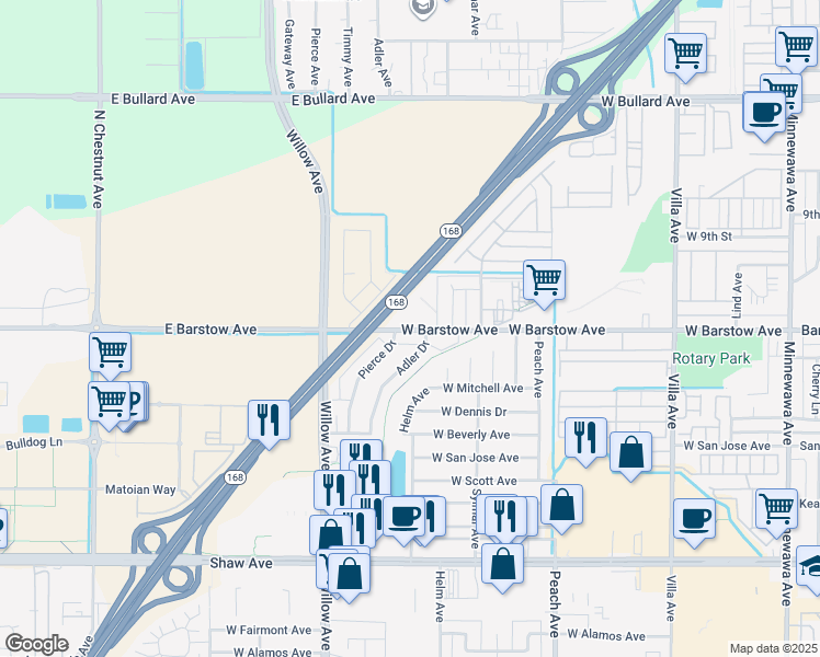 map of restaurants, bars, coffee shops, grocery stores, and more near 647 West Barstow Avenue in Clovis