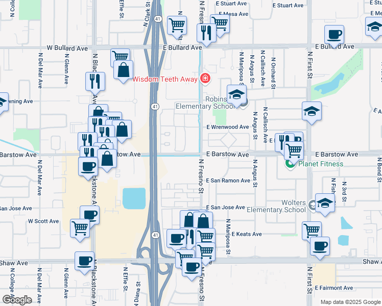 map of restaurants, bars, coffee shops, grocery stores, and more near in Fresno
