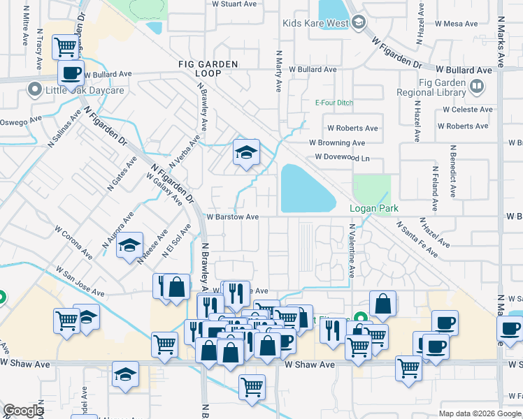 map of restaurants, bars, coffee shops, grocery stores, and more near 5455 North Marty Avenue in Fresno