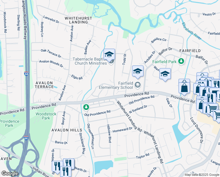 map of restaurants, bars, coffee shops, grocery stores, and more near 710 Skipwith Road in Virginia Beach