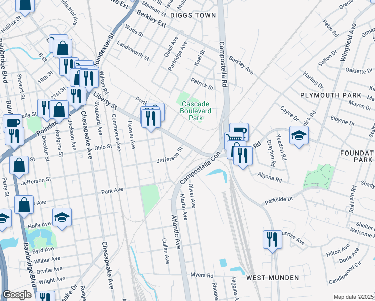 map of restaurants, bars, coffee shops, grocery stores, and more near 2204 Liberty Street in Chesapeake