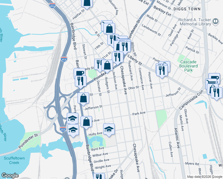 map of restaurants, bars, coffee shops, grocery stores, and more near 1136 Jackson Avenue in Chesapeake
