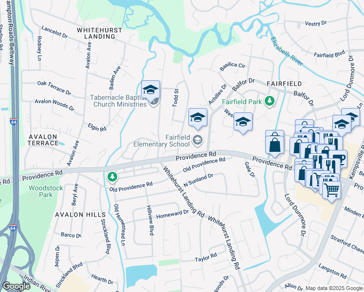 map of restaurants, bars, coffee shops, grocery stores, and more near 5489 Hargrove Boulevard in Virginia Beach
