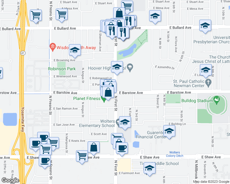 map of restaurants, bars, coffee shops, grocery stores, and more near North 1st Street & East Barstow Avenue in Fresno
