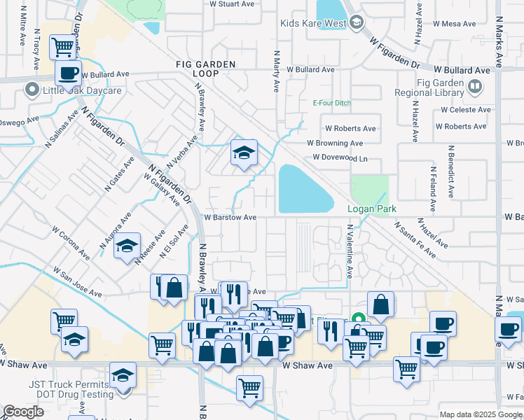map of restaurants, bars, coffee shops, grocery stores, and more near 5455 North Marty Avenue in Fresno