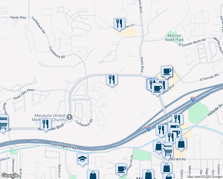 map of restaurants, bars, coffee shops, grocery stores, and more near 555 Highland Drive in Mesquite