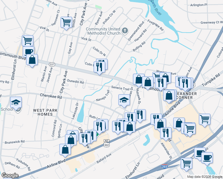 map of restaurants, bars, coffee shops, grocery stores, and more near 158 Navajo Trail in Portsmouth