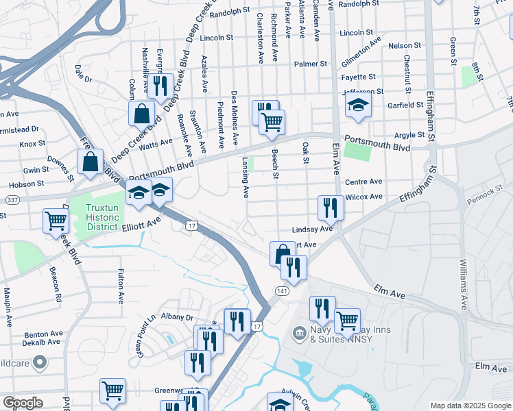 map of restaurants, bars, coffee shops, grocery stores, and more near 1523 Wilcox Avenue in Portsmouth