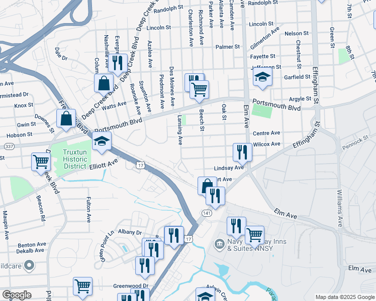 map of restaurants, bars, coffee shops, grocery stores, and more near 1523 Wilcox Avenue in Portsmouth
