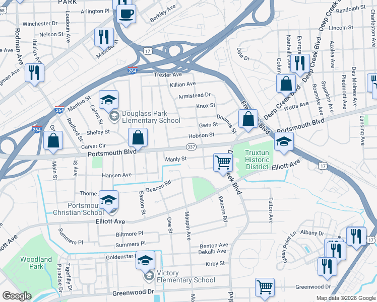 map of restaurants, bars, coffee shops, grocery stores, and more near 2611 Portsmouth Boulevard in Portsmouth