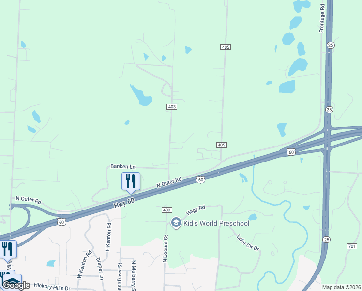 map of restaurants, bars, coffee shops, grocery stores, and more near 13886 County Road 403 in Dexter