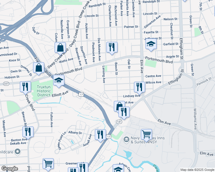 map of restaurants, bars, coffee shops, grocery stores, and more near 1527 Wilcox Avenue in Portsmouth