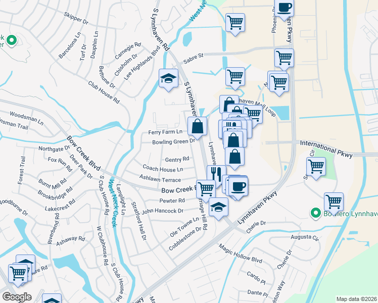 map of restaurants, bars, coffee shops, grocery stores, and more near 709 Carriage Hill Road in Virginia Beach