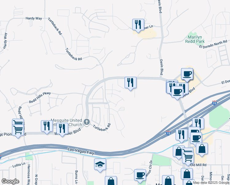 map of restaurants, bars, coffee shops, grocery stores, and more near 350 Colleen Court in Mesquite