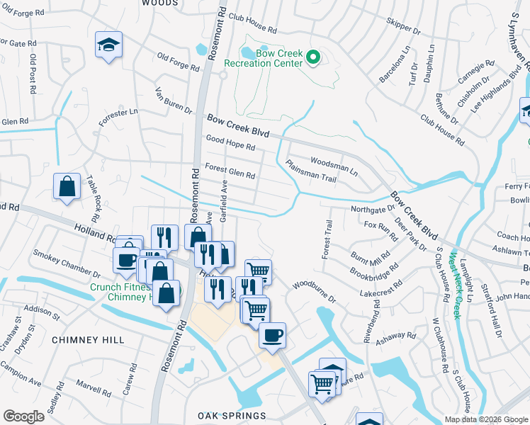 map of restaurants, bars, coffee shops, grocery stores, and more near 3405 Champlain Lane in Virginia Beach