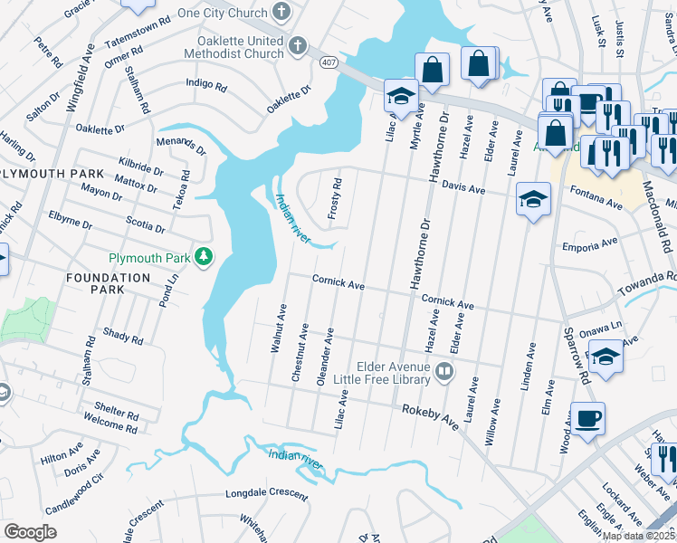 map of restaurants, bars, coffee shops, grocery stores, and more near 1327 Oleander Avenue in Chesapeake