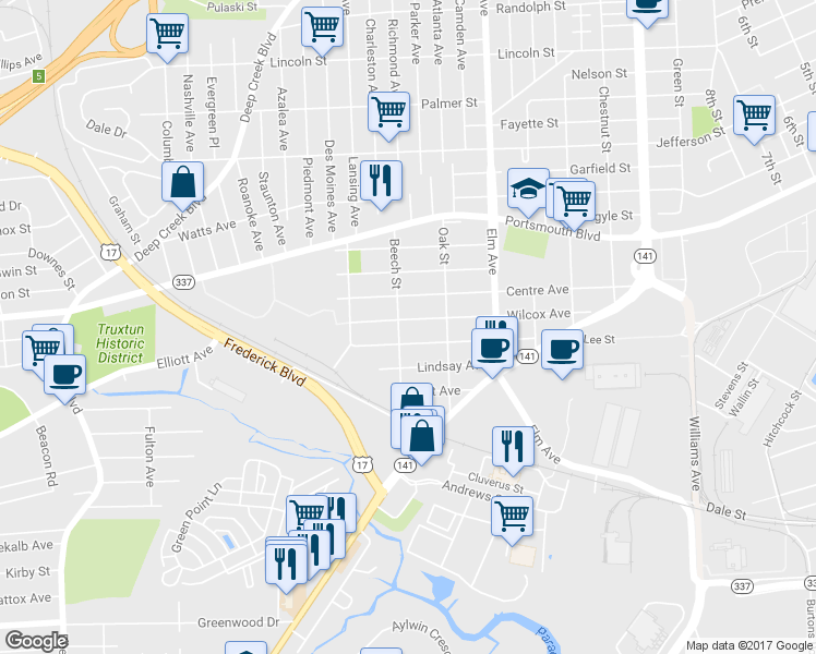 map of restaurants, bars, coffee shops, grocery stores, and more near 1437 Wilcox Avenue in Portsmouth