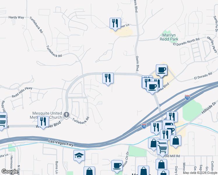 map of restaurants, bars, coffee shops, grocery stores, and more near 555 Highland Drive in Mesquite