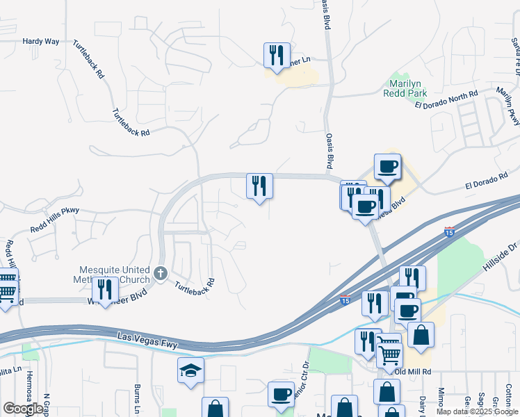 map of restaurants, bars, coffee shops, grocery stores, and more near 555 Highland Drive in Mesquite