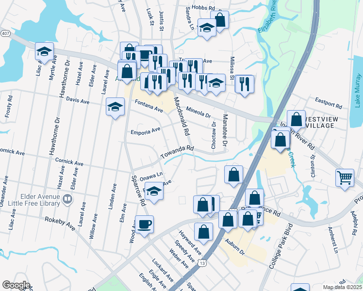 map of restaurants, bars, coffee shops, grocery stores, and more near 4321 Towanda Road in Chesapeake
