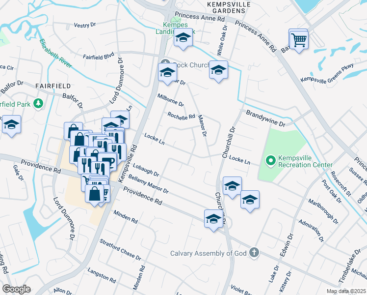 map of restaurants, bars, coffee shops, grocery stores, and more near 5108 Locke Lane in Virginia Beach