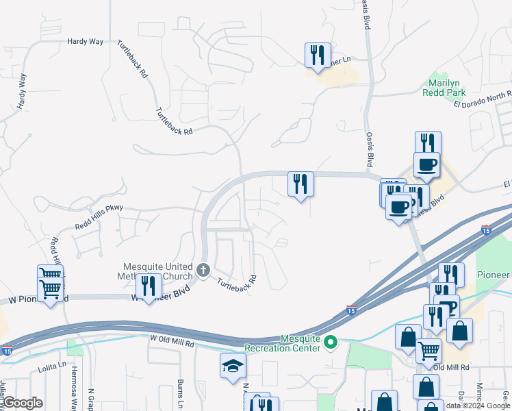 map of restaurants, bars, coffee shops, grocery stores, and more near 374 Colleen Court in Mesquite