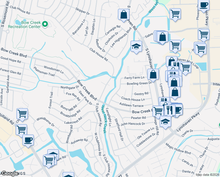 map of restaurants, bars, coffee shops, grocery stores, and more near 3201 Club House Court in Virginia Beach