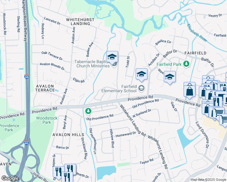 map of restaurants, bars, coffee shops, grocery stores, and more near 765 Whitehurst Landing Road in Virginia Beach