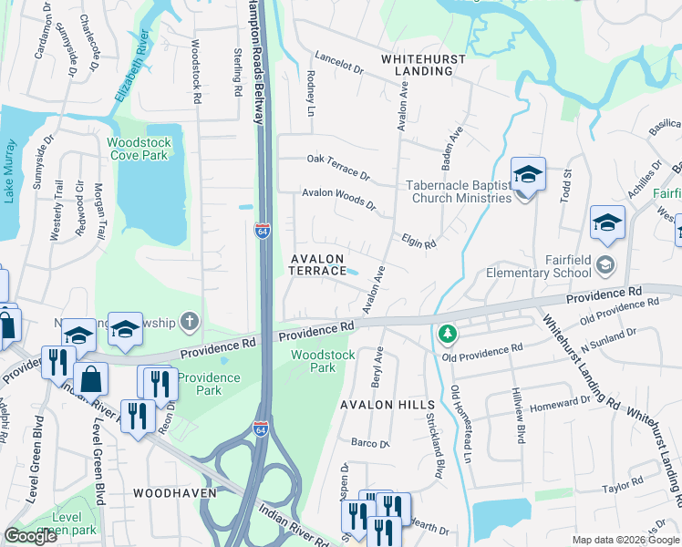 map of restaurants, bars, coffee shops, grocery stores, and more near 5716 Warning Street in Virginia Beach