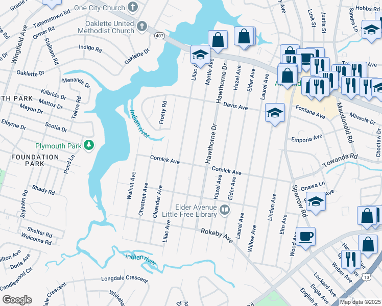 map of restaurants, bars, coffee shops, grocery stores, and more near 1320 Lilac Avenue in Chesapeake