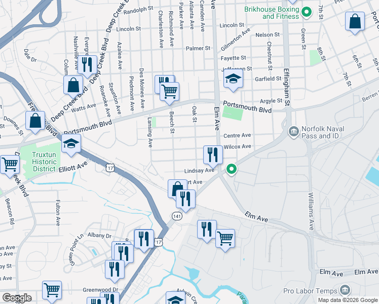 map of restaurants, bars, coffee shops, grocery stores, and more near 502 Oak Street in Portsmouth