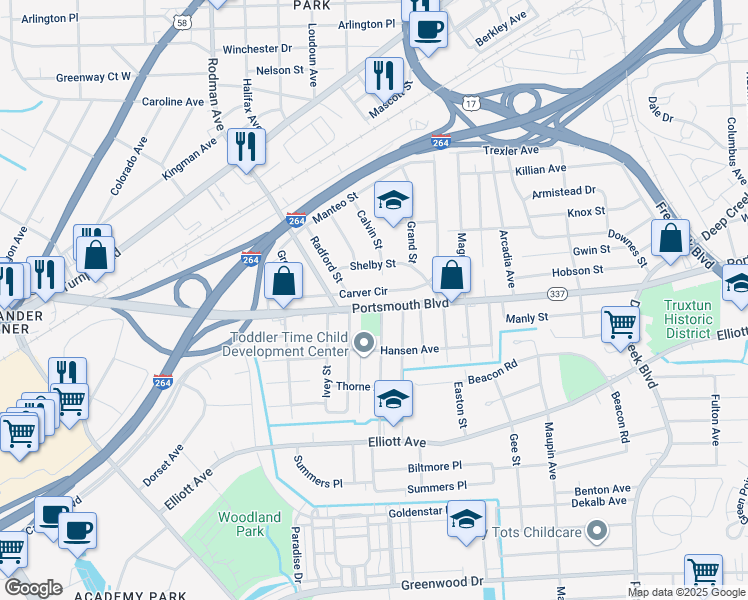map of restaurants, bars, coffee shops, grocery stores, and more near 47 Carver Circle in Portsmouth