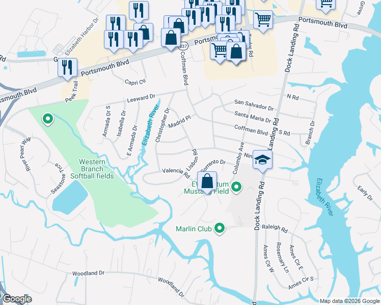 map of restaurants, bars, coffee shops, grocery stores, and more near 4201 Nina Drive in Chesapeake